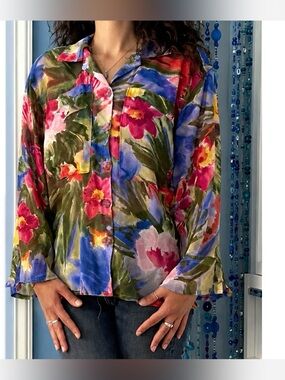 Vintage 90s Impressionist Floral Art Wear Blouse 🇨🇦Custom Made with Paris Fabric